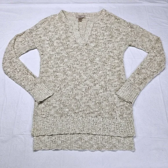 LOFT Womens XS Beige Marled Knit V-Neck High-Low Pullover Sweater