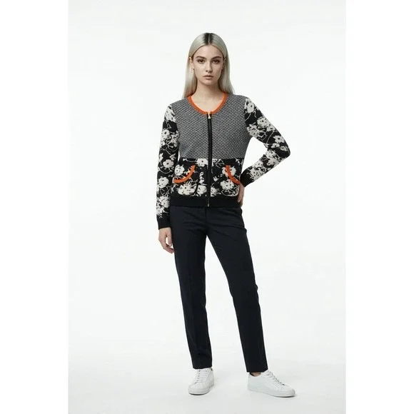 Tory Burch Women Navy White Floral Geometric Zip Front Cotton Cardigan Sweater L