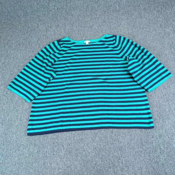 J. Jill Classic Nautical Striped Boat Neck Sweater Women 2X Teal Navy