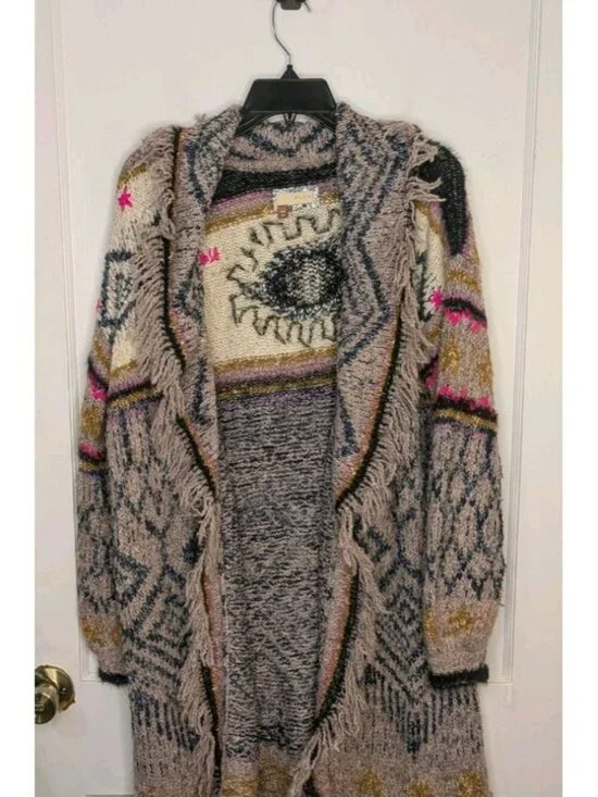Pilcro Anthropologie Evil Eye Cardigan Sweater Fringe Boho Size XS/S