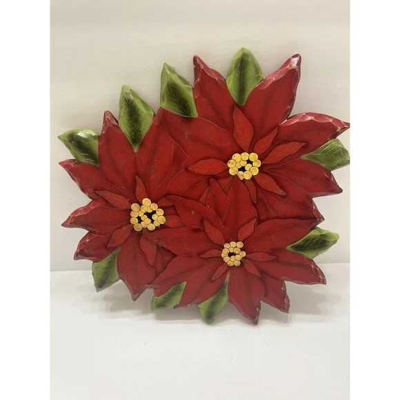 Christmas Collections Etc. Lazy Susan Wood Carved Hand Painted Poinsettia 14