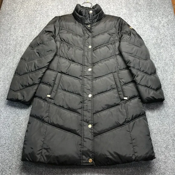 Michael Kors Womens Black Chevron Quilted Puffer Coat Gold Hardware Large