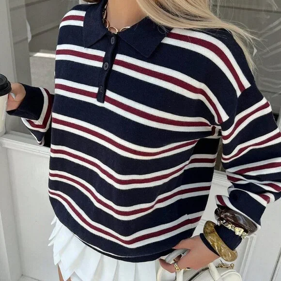 Navy Blue Casual Women's collar Striped knit Sweater top