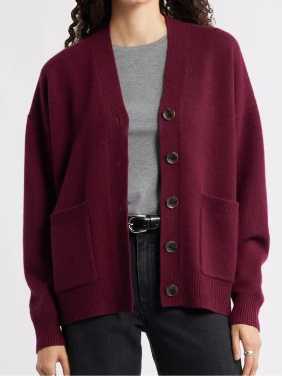 Nordstrom Wool & Cashmere Boyfriend V Neck Cardigan in Burgundy