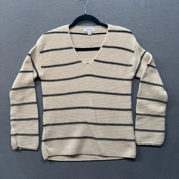 Evereve V Neck Pullover‎ Cotton Stripe Sweater Womens XS Cream Preppy Minimalist
