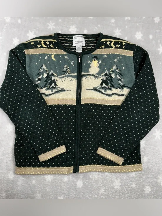 Christopher & Banks winter theme zip knit sweater large hand embroidered grandma