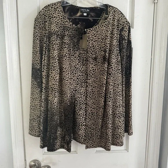 💙Onyx Nite Vtg Cardigan Tank Leopard‎ Womens 1X Brown/Black Glitter Long Sleeve