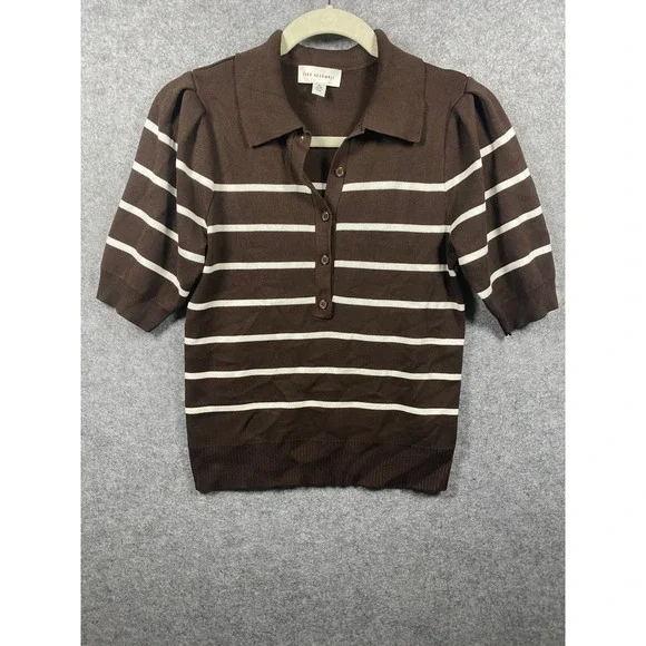 Free Assembly Brown Striped Polo Sweater Puff Sleeve Knit Top XS FA015503FA25S
