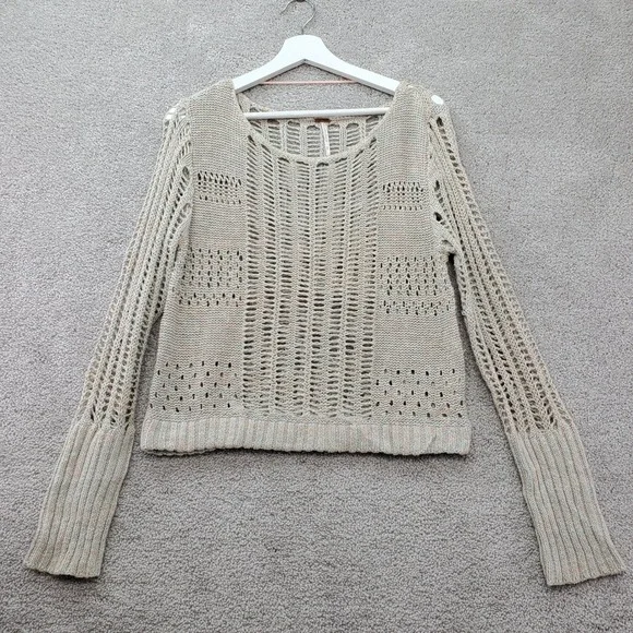 Free‎ People Crochet Sweater Womens S Peach Green Beige Cotton Linen Open Knit