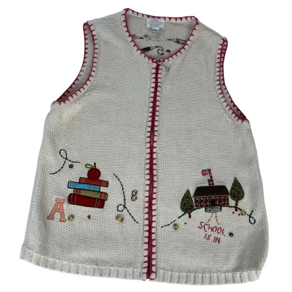 Christopher & Banks Hand Embroidered School Teacher Zip Sweater Vest Cream Large