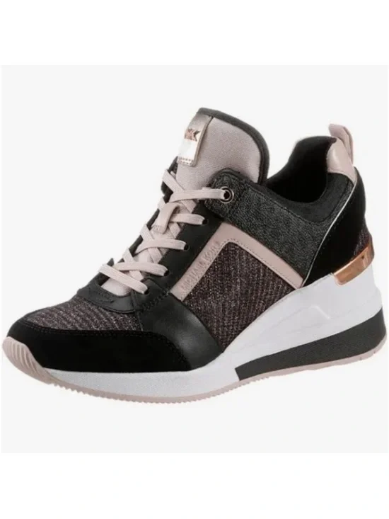 Michael Kors Wedge Sneakers rose gold pink glitter black logo 11 rare!