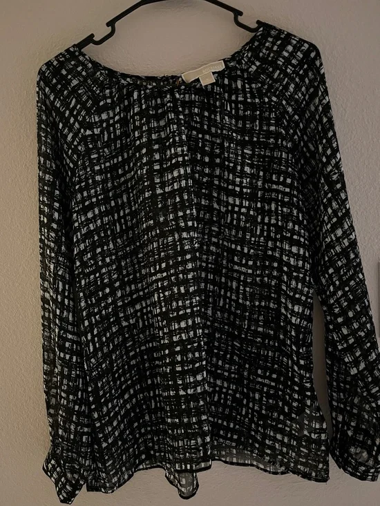 Michael Kors Black and White Grid-Print Long-Sleeve Blouse