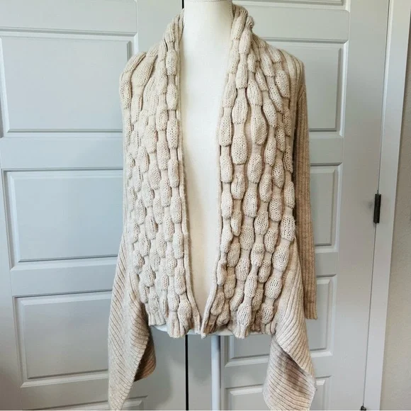 Designer Threads Peru Bubble Knit 100% Alpaca Open Front Cardigan Shawl Collar S