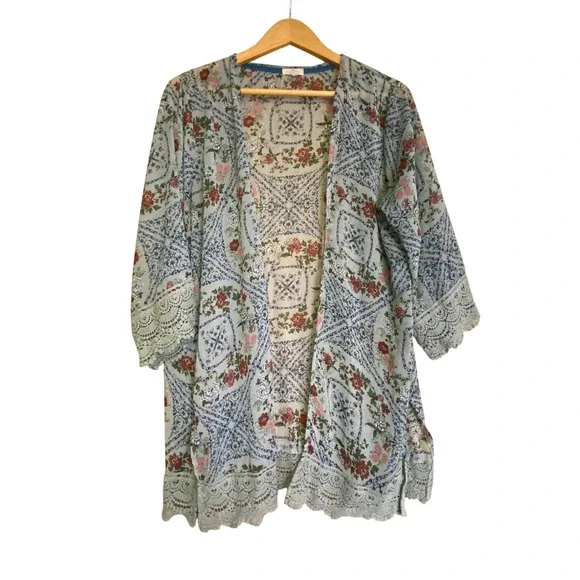 Mason & Belle Womens‎ L Kimono Blue Floral Lace Trim Boho JFW49249DU Cardigan
