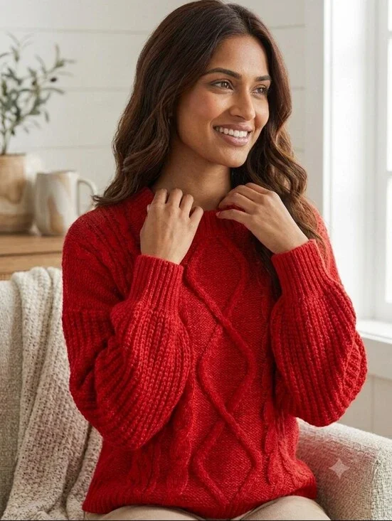 Oversized Red Chunky Cable Knit Sweater Sz 1X Preppy Cozy Classic