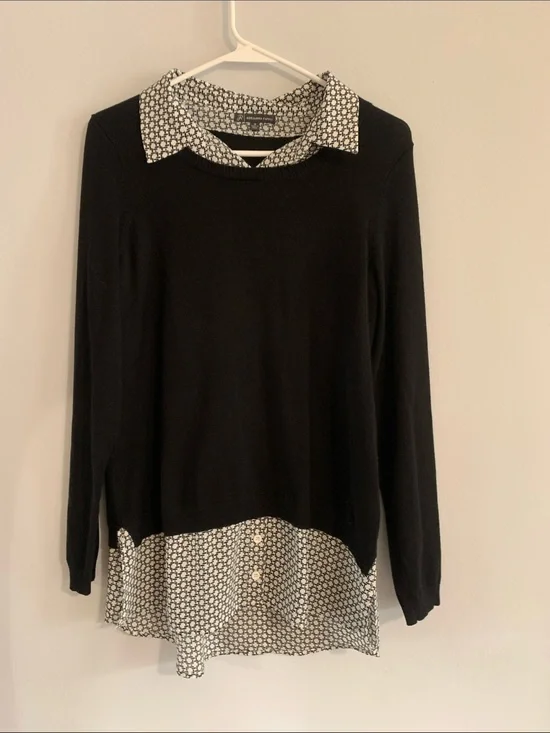 ADRIANNA PAPELL Black Sweater with Black & White Printed Shirt Detail