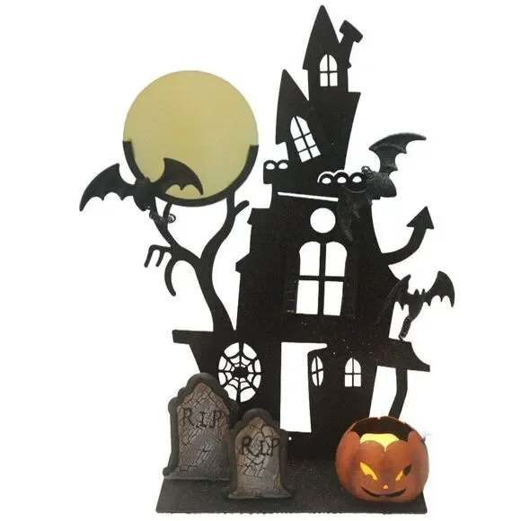 Metal 3D Glittered Halloween Haunted Mansion Scene with Pumpkin Tealight Holder