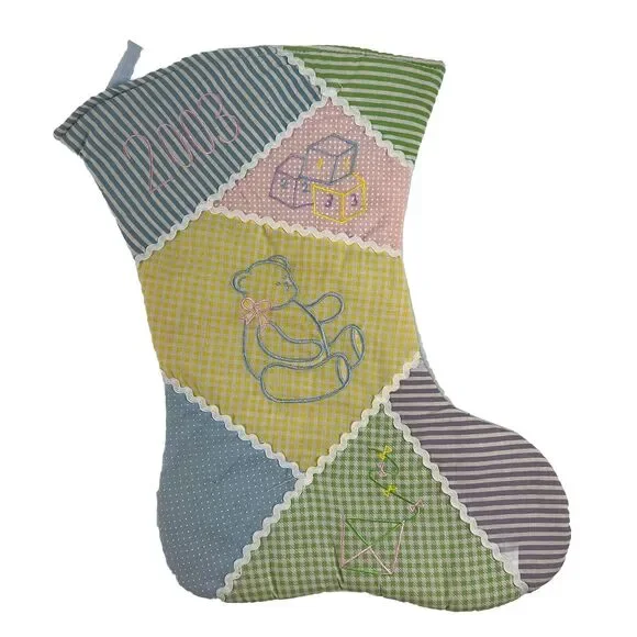 Vintage 2003 Pastel Stocking‎ Embroidered Teddy Bear Blocks Patchwork Baby