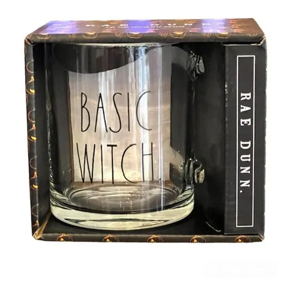 Rae Dunn Clear Glass BASIC WITCH Mug 18 ounce Halloween Sleek Shiny and NEW