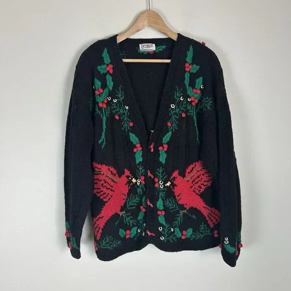 Vintage 90s Carrigan Christmas Sweater Cardin Bird Holly Embroidered Graphic