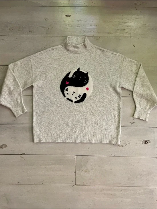 LOFT Light Heather Gray Cats Yin Yang Cozy Wool Blend Sweater Sz XL Mock T-Neck