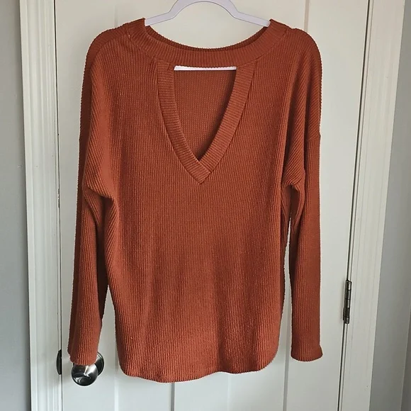 Womens Buckle Black Rust Orange Knit Long Sleeve Top Super Soft Size Extra Small