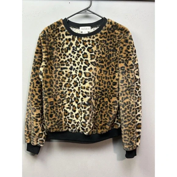For‎ The Republic Sweater Womens XS Brown Leopard Print Fuzzy Faux Fur Pullover