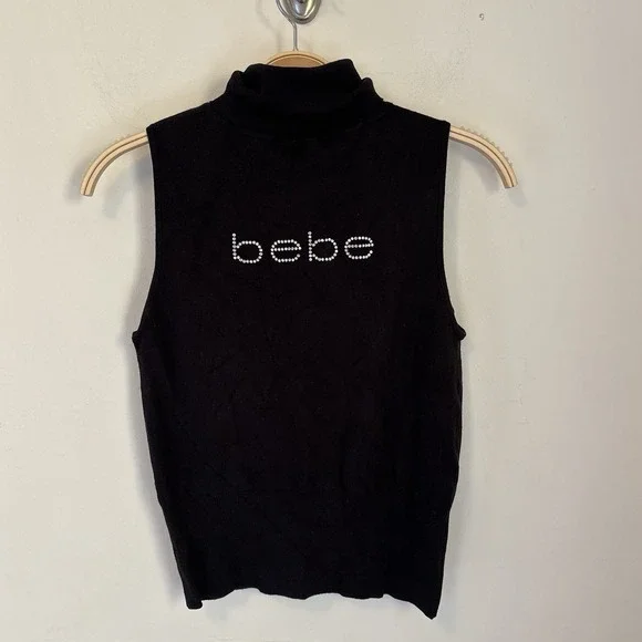 Bebe Y2K Knitted Turtleneck Sweater Sleeveless Tank Pullover Medium Rhinestone