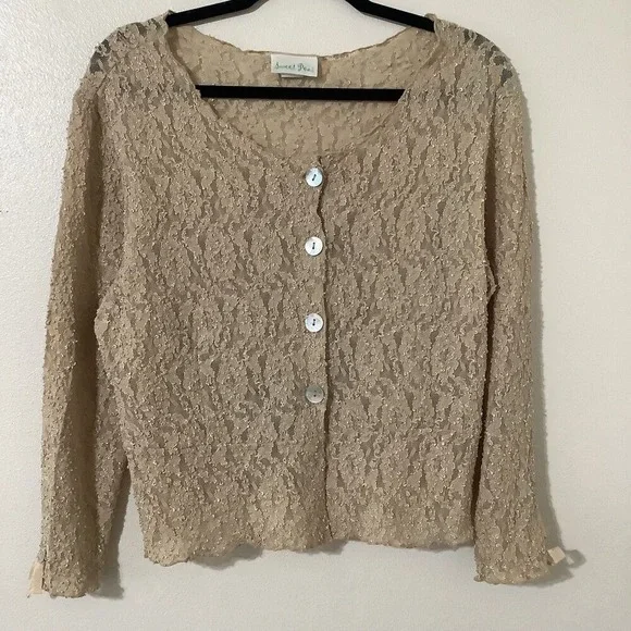 Tan Lace Cardigan XL Fairycore Mori Kei‎ Cottagecore Feminine Boho Bow Girly