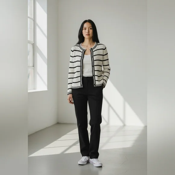 Free Assembly Black & White Striped Knit Long Sleeve Cardigan Sweater Size XS