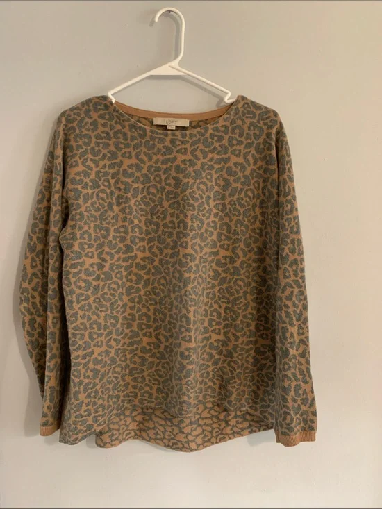 LOFT Leopard-Print Knit Pullover in Camel and Gray