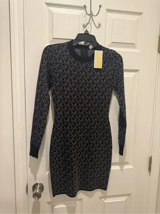 Michael Kors Black and Gray MK Logo Long Sleeve Knit Dress