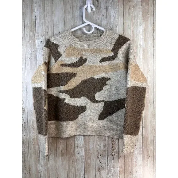 Anthropologie Moth Marjorie Cropped Sweater Womens S Oatmeal Brown Camo Pullover