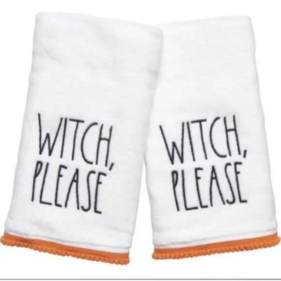 Rae Dunn Halloween WITCH PLEASE 2 Hand Towels w Black Lettering & Orange Trim