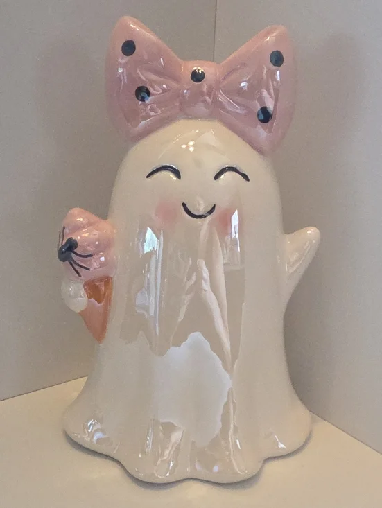 Viral Ceramic Halloween Ghost With Big Pink Bow & Ice Cream Cone 8.5