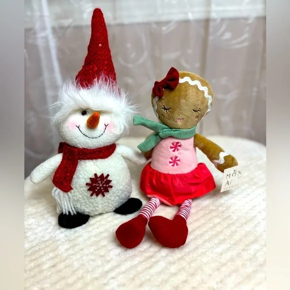 Festive Snowman and Gingerbread Doll Christmas! Lot of 2 Plush Pieces