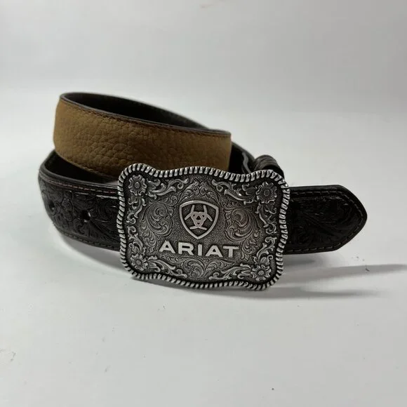 Ariat Boys Rectangle Rope Edge Shield Buckle Embossed Tooled Leather Belt Sz 24