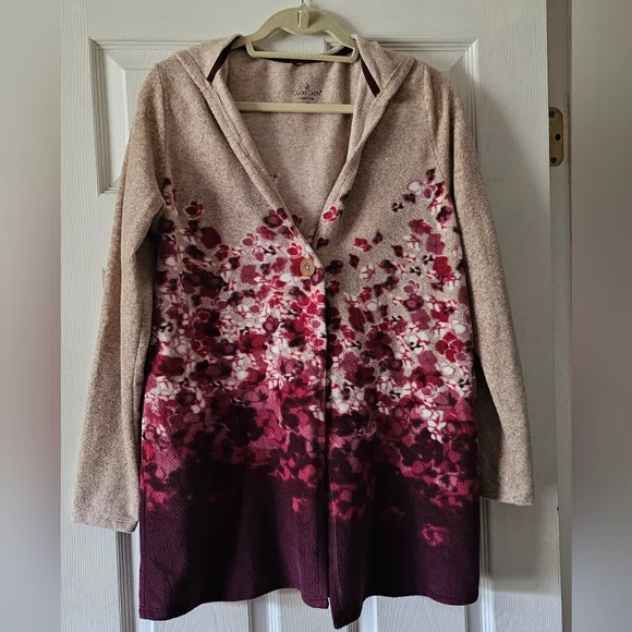 Cuddl Duds Jacket Purple Tan Hooded Longline Cardigan