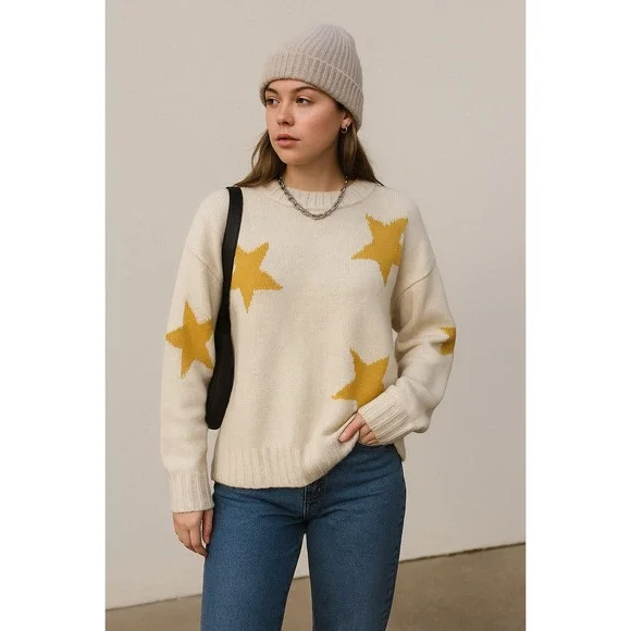 Oversized White and‎ Yellow Star Mock Neck Sweater Size M Cozycore Streetwear