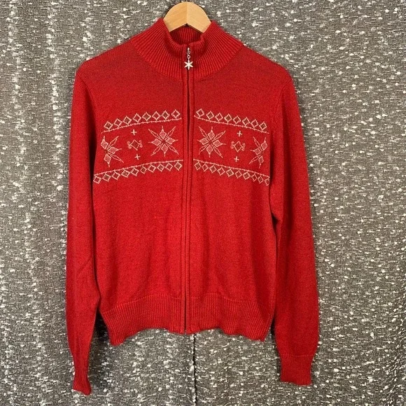 Knit Christmas‎ Snowflake Full Zip Christmas Sweater Cardigan Women's Large