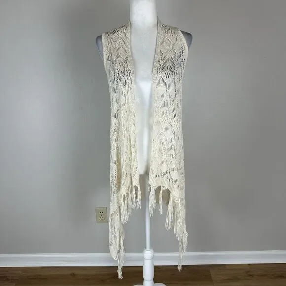 White Crochet Vest Folk Eclectic Western Festival Tassel Duster Top Cream Long