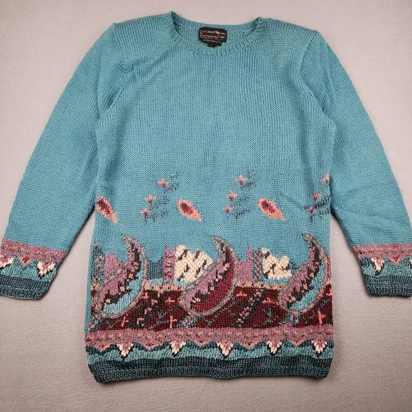 Vintage Carole Little Sweater Tunic Womens L Blue Geometric Embroidered Knit