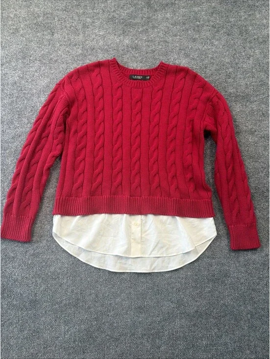 Women’s Lauren Ralph Lauren Cable Knit Red Sweater With White Blouse Size LG
