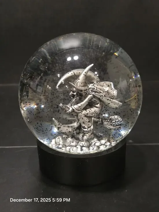 Halloween Witch Snow Globe Silver Gothic Witch on Broom Black Glitter Decor