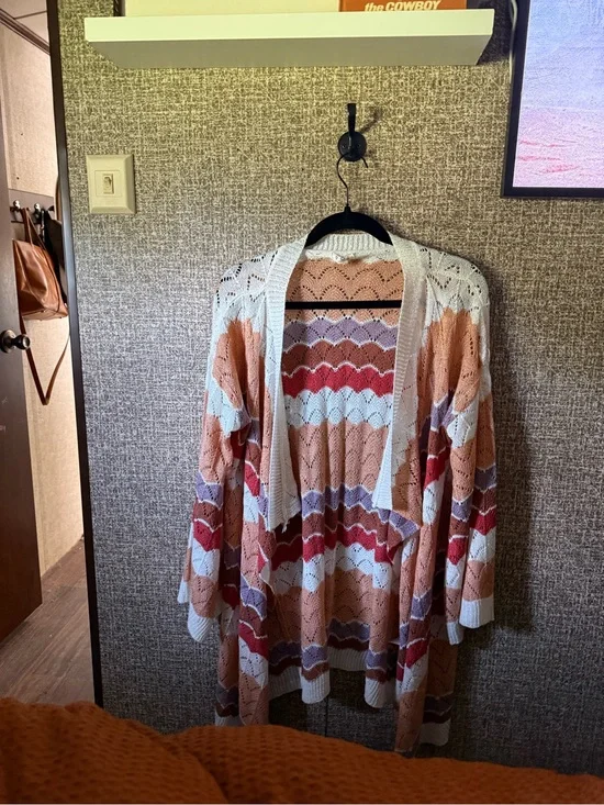 POL Open-Front Striped Crochet Cardigan - Peach, Mauve, White, Red