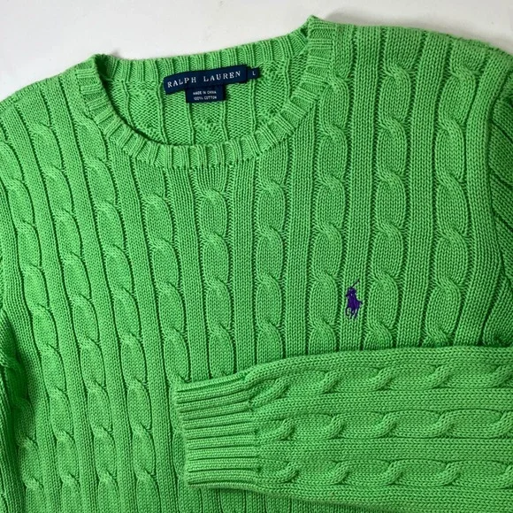 Ralph Lauren Cable Knit Sweater Women Large Green Cotton Crewneck Preppy