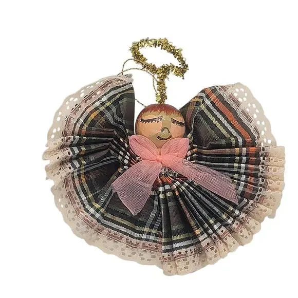 Vintage Handmade Angel Folded Plaid Ribbon And Lace Wood Christmas Ornament