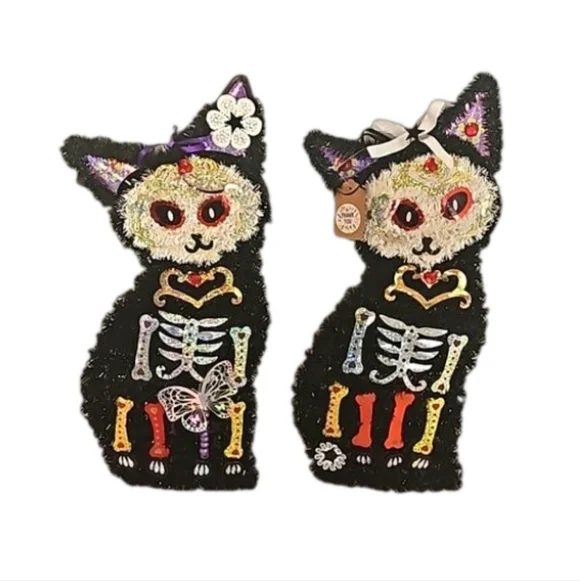 Hand crafted Halloween Cats Set of 2 Black Cats Handmade Holographic Bone detail