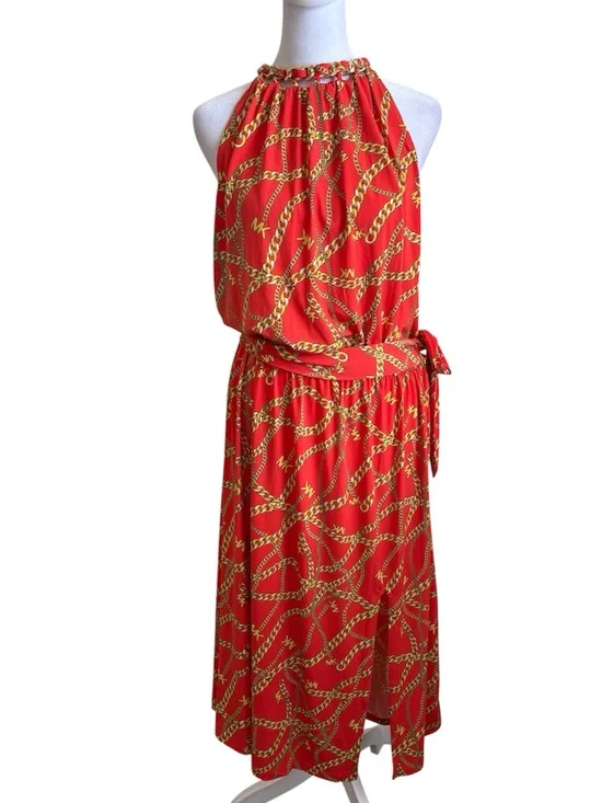 New 1X Michael Kors Orange Gold Chain Logo Midi Dress
