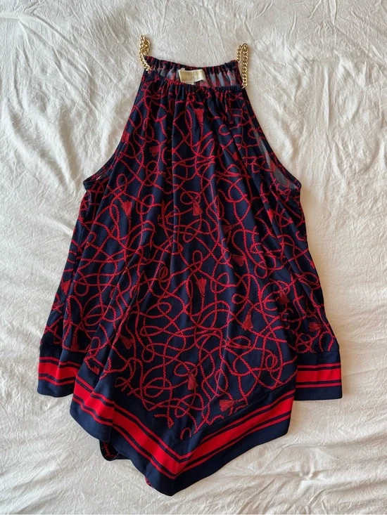 Michael Kors Navy Halter Tank with Red Rope-Print & Gold Chain Straps
